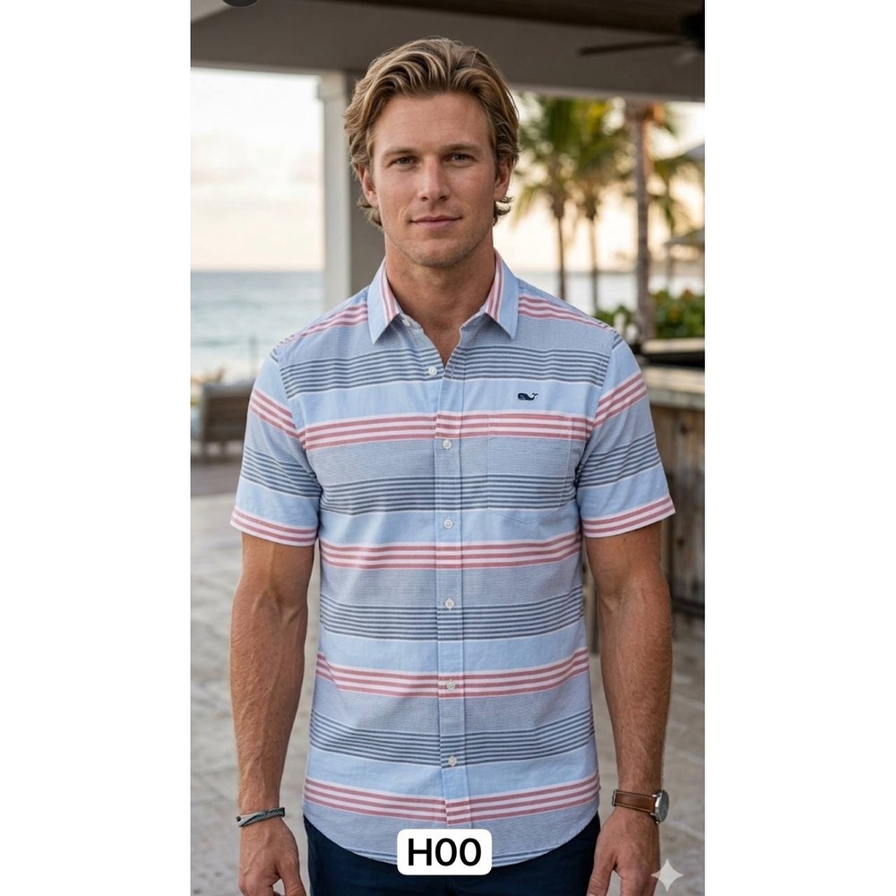 Vineyard Vines Boy's Whale Shirt Light Red Blue White Striped Short Sleeve Sz XL
